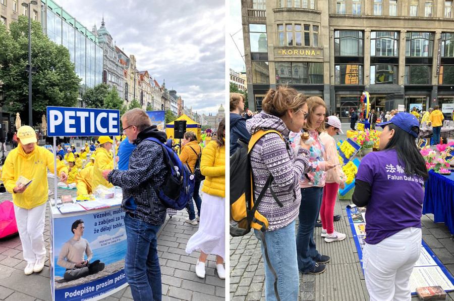 Kolemjdoucí podepisují petici za ukončení pronásledování, Oslava Světového dne Falun Dafa, Praha, 17. května 2025